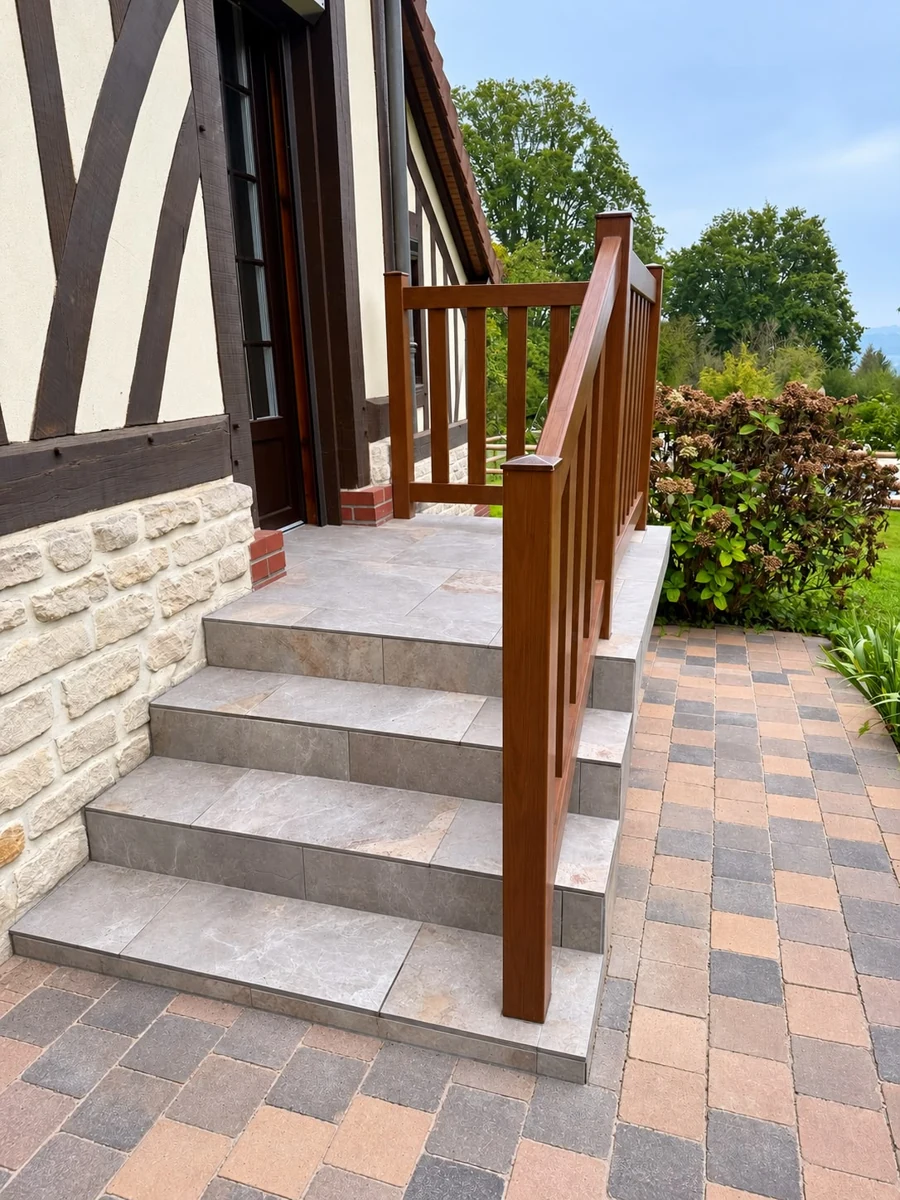 Escalier terminé avec marches carrelées et garde-corps en bois devant une entrée